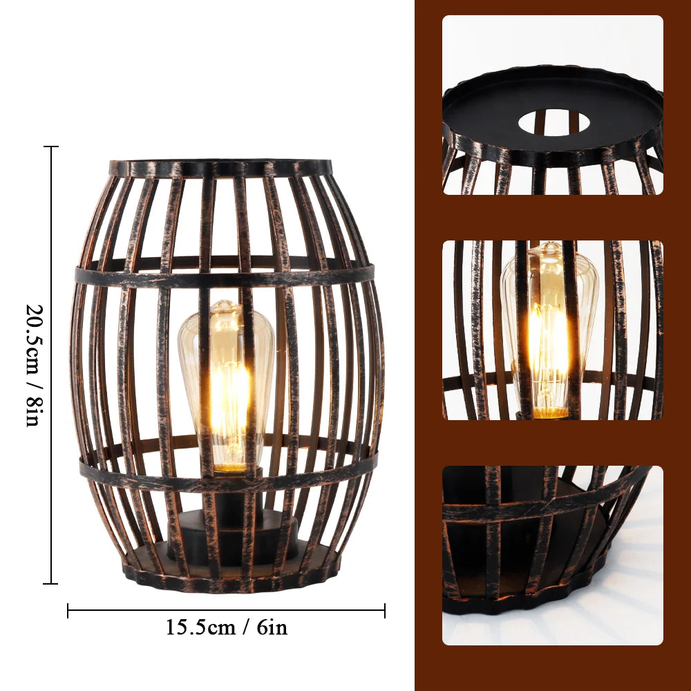 Cordless metal wine barrel lamp with black brushed-gold finish, battery-operated Edison bulb