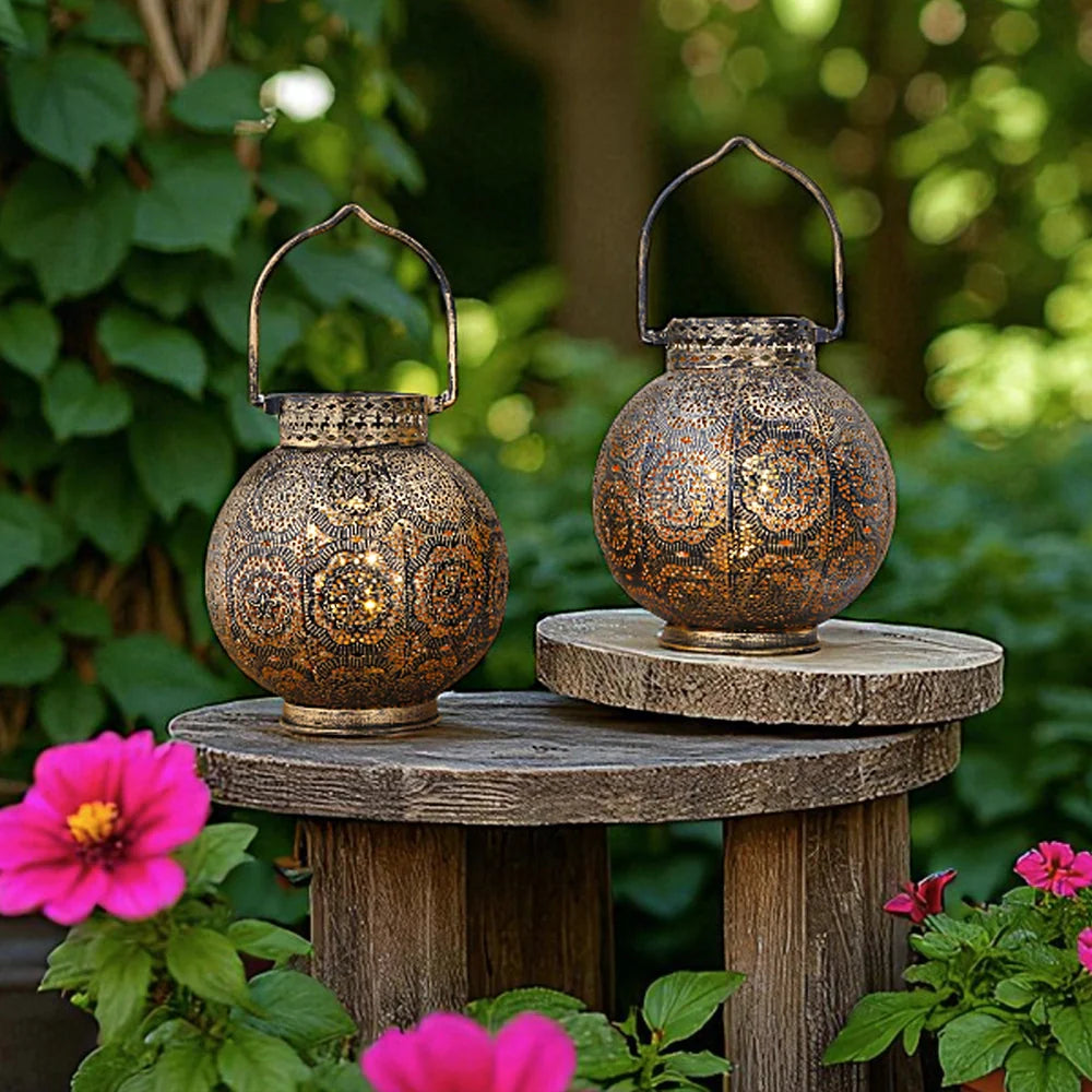 Set of 2 bronze Moroccan-style metal battery-operated table lamps by JHY DESIGN
