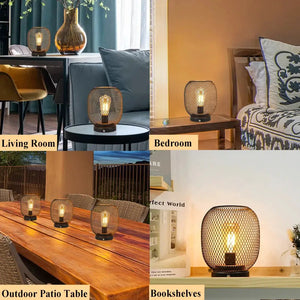Table lamp, 7-inch tall battery-operated with bronze cage base; four shown in living room, bedroom, patio, shelves