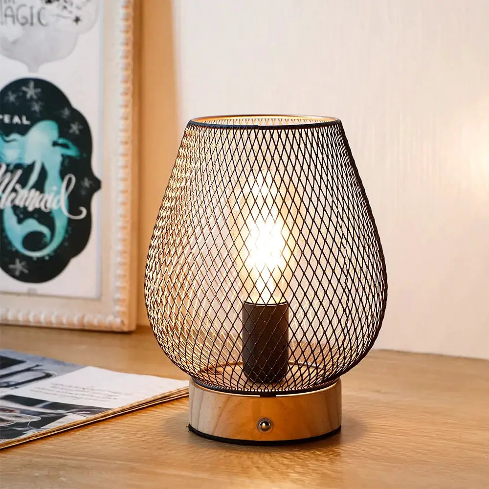 8H touch-adjustable table lamp with wooden base and bronze mesh cage