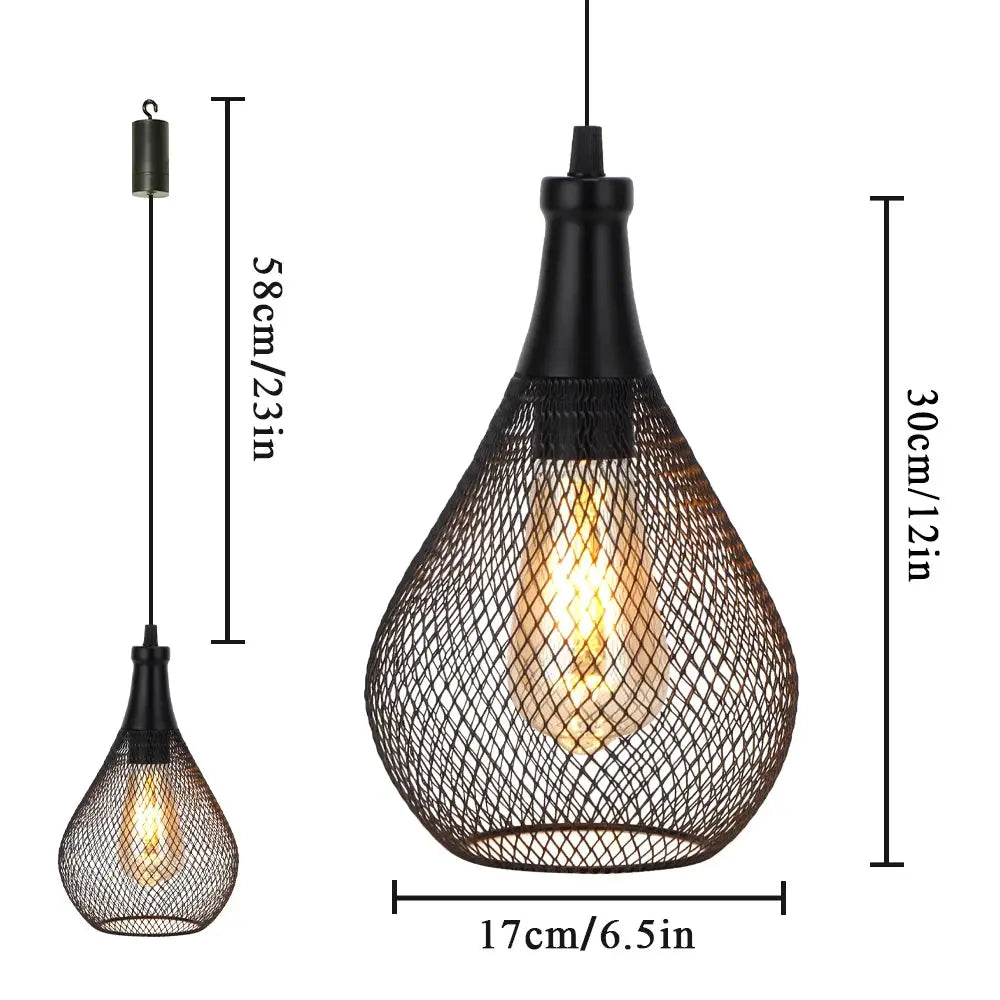 Two battery operated hanging lamps by JHY DESIGN, black metal mesh pendants with exposed bulbs
