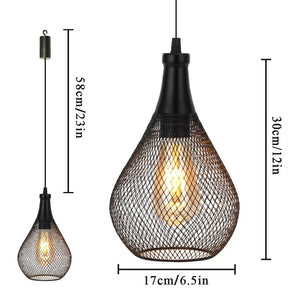 Two battery operated hanging lamps by JHY DESIGN, black metal mesh pendants with exposed bulbs