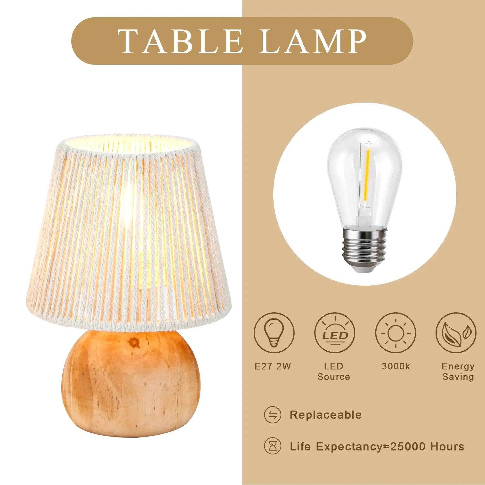 Set of 2 JHY DESIGN woven cotton rope table lamps with natural wood bases