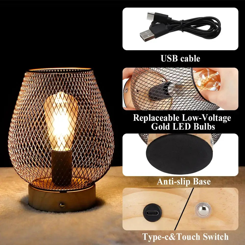 8H touch-adjustable table lamp by JHY DESIGN with wooden base and bronze cage, battery-operated