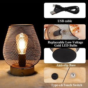 8H touch-adjustable table lamp by JHY DESIGN with wooden base and bronze cage, battery-operated