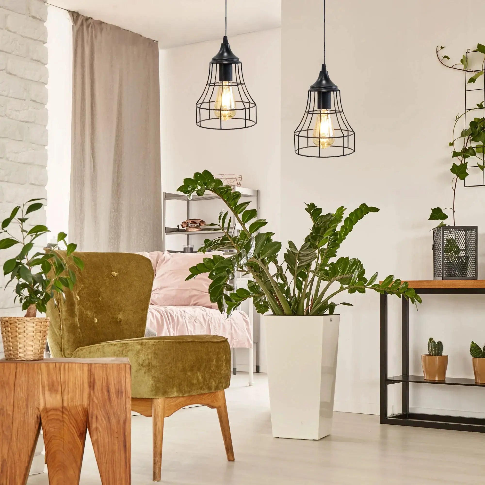 Set of 2 black metal cage pendant lamps with Edison bulbs.