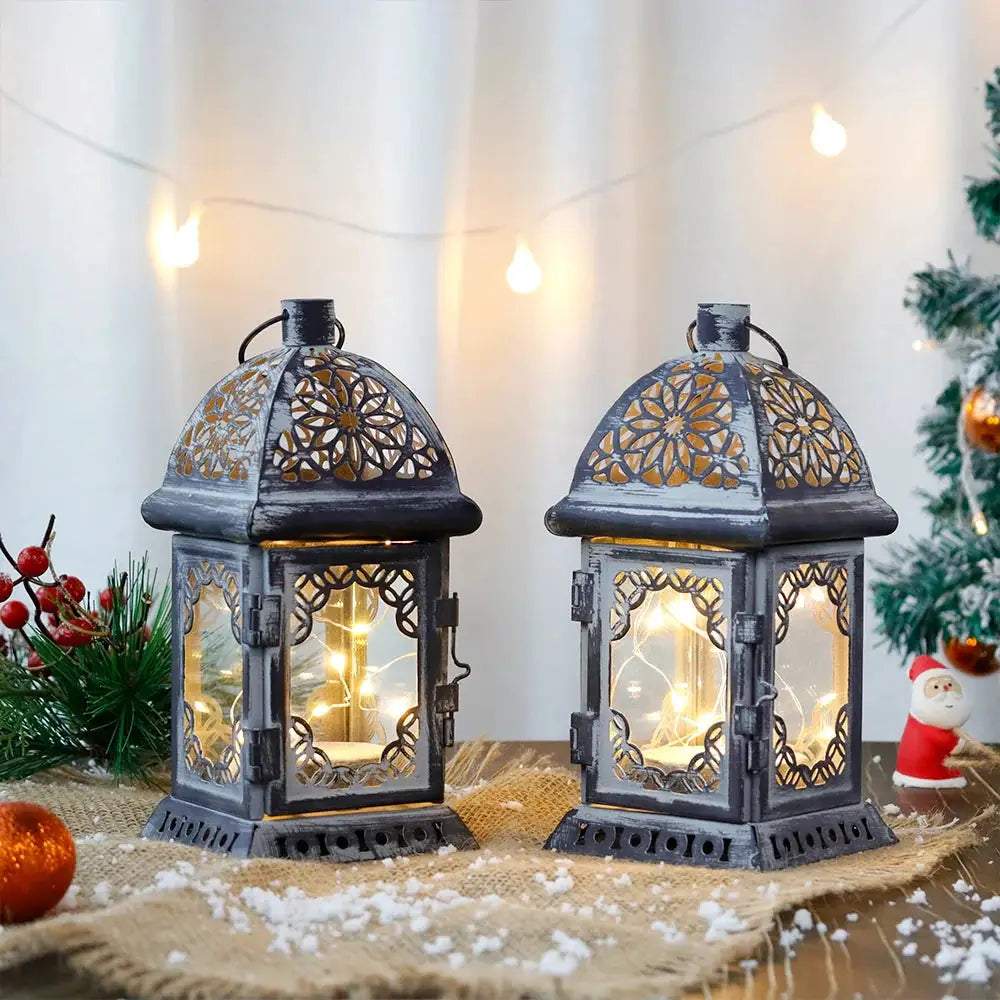 Set of 2 grey vintage-style battery-operated lanterns, 8 in tall, with warm lights inside