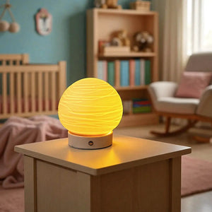 Ceramic Ball Rechargeable Lamp (Planet) yellow globe on white base; cordless JHY DESIGN table lamp.