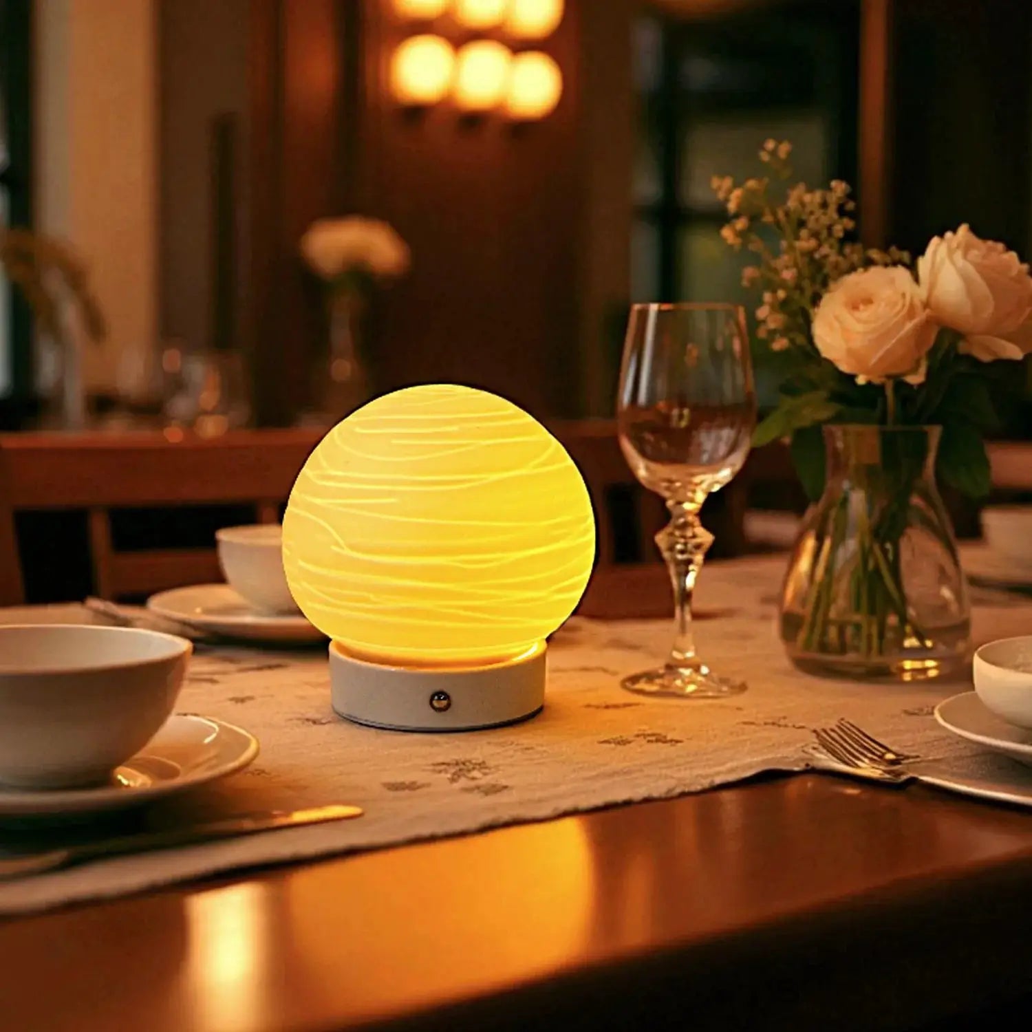 Ceramic ball rechargeable lamp (Planet) by JHY DESIGN; cordless table lamp with warm yellow glow