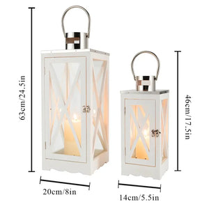 Set of 2 white rectangular farmhouse wood lanterns with glass panes and metal handles by JHY DESIGN