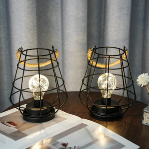 Set of 2 battery-operated cage bulb lantern table lamps with black metal wire cages and rope handles
