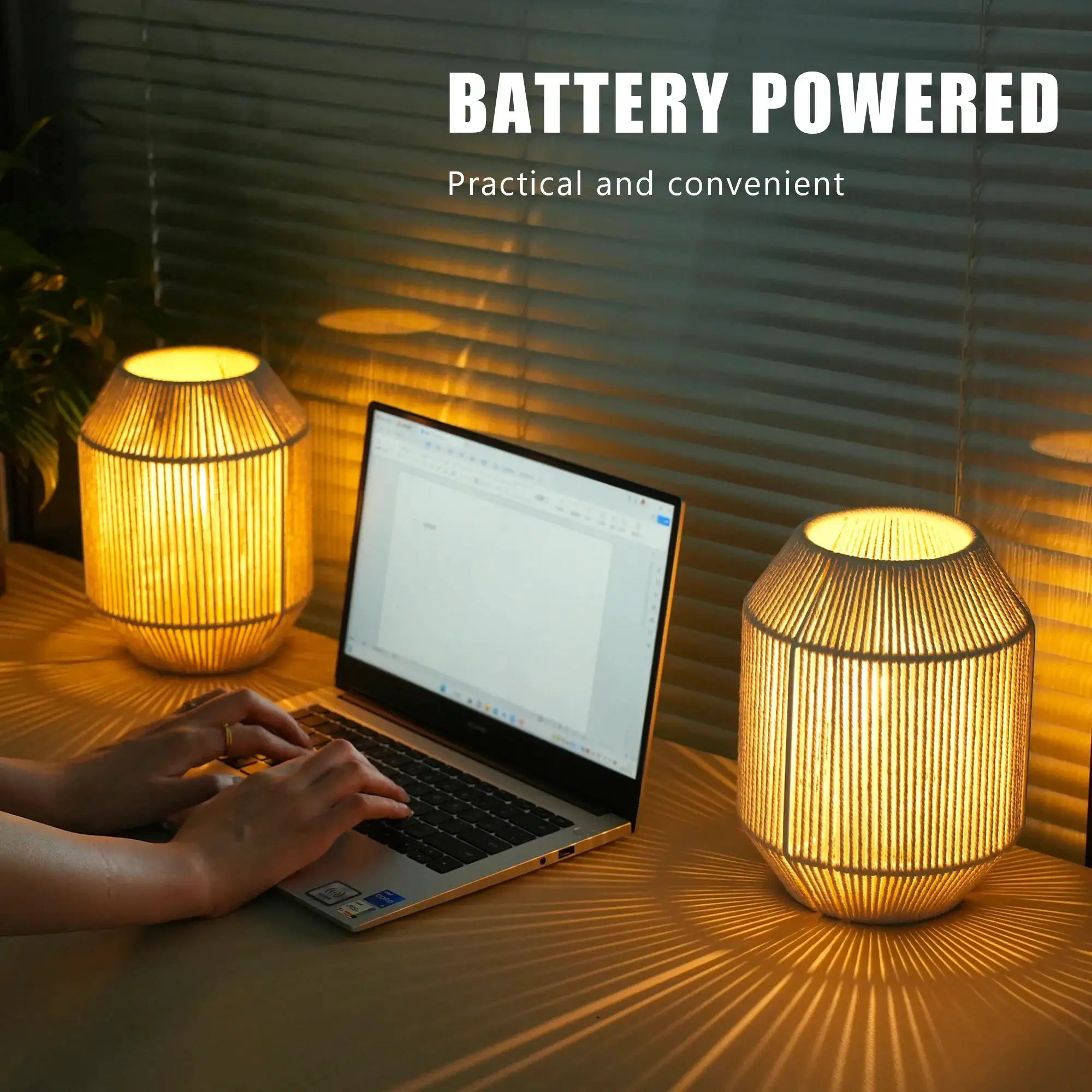 Battery-operated woven lamp shade table lamps set of 2 on desk, warm ambient light