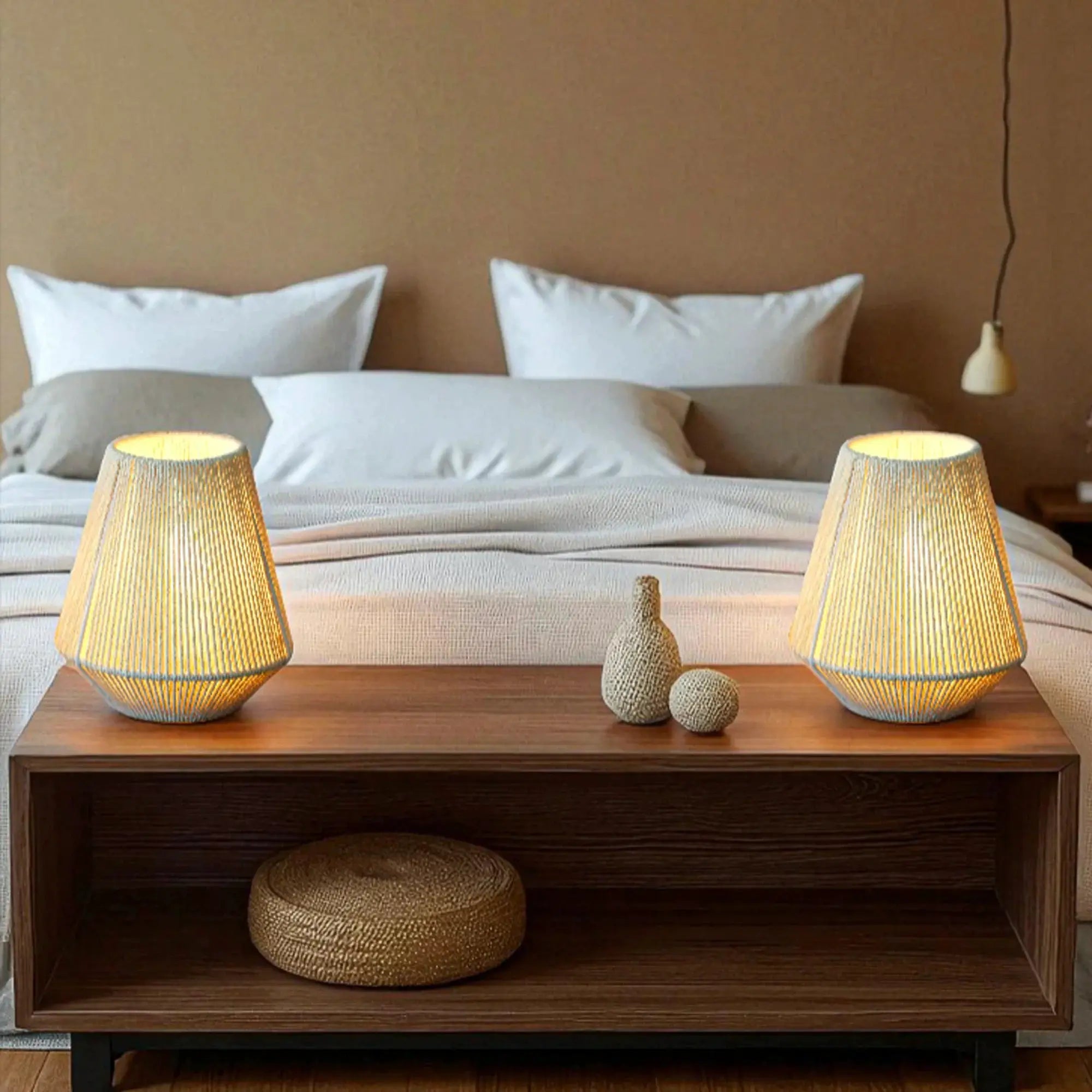 Table lamps set of 2 with 8-inch woven beige shades on a wooden surface