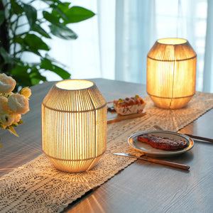 Set of 2 woven lamp shade table lamps; battery-operated with natural beige shades