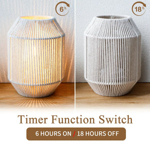 Set of 2 woven rope table lamps, battery-operated, with gray cream shade.