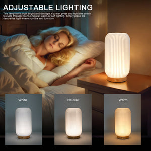 Rechargeable lamp by JHY DESIGN, 9-inch tall white ribbed cylindrical bedside light with wooden base