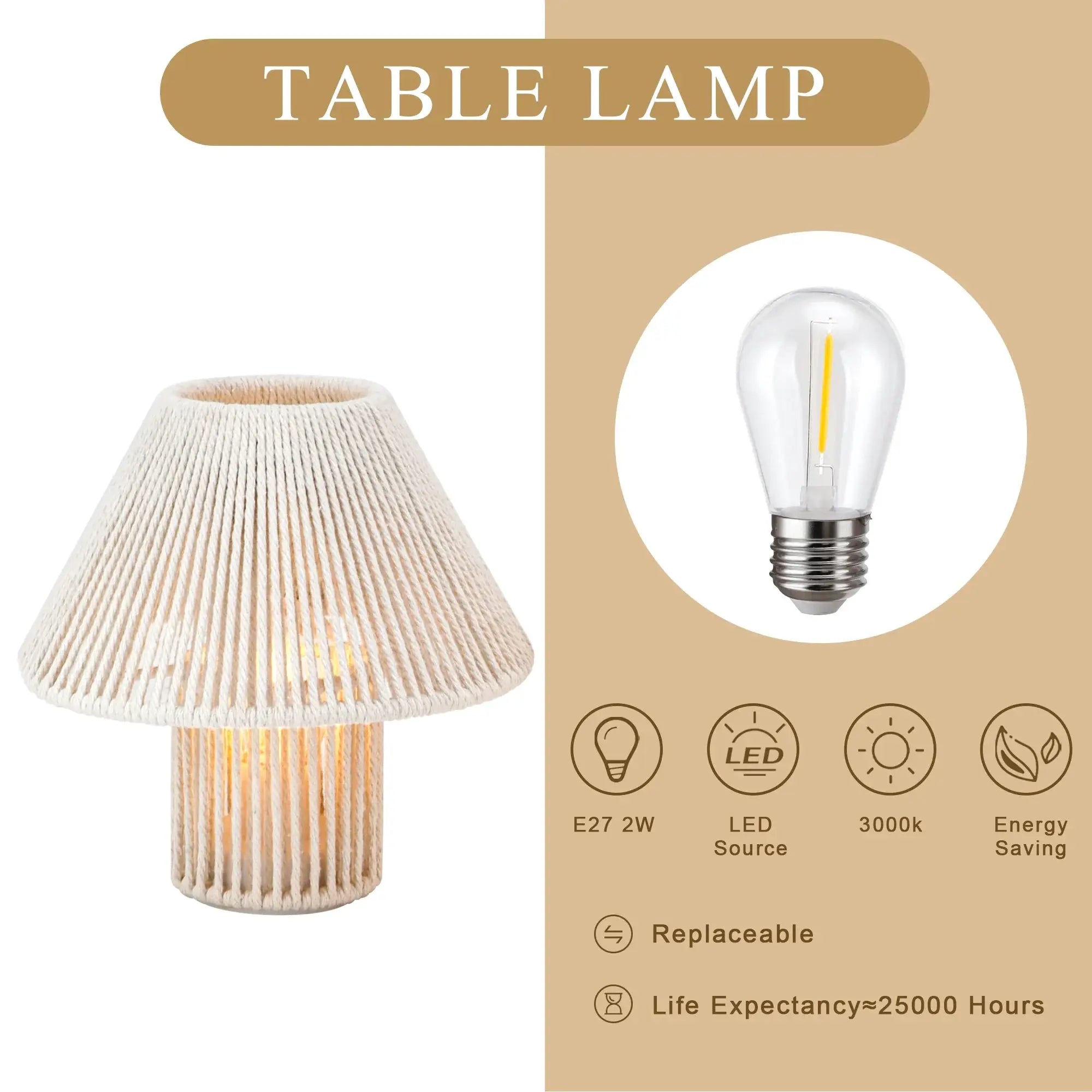 Set of 2 woven cotton rope table lamps, cordless LED, battery-operated by JHY DESIGN