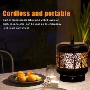 Cordless rechargeable desk lamp by JHY DESIGN with black perforated metal shade.
