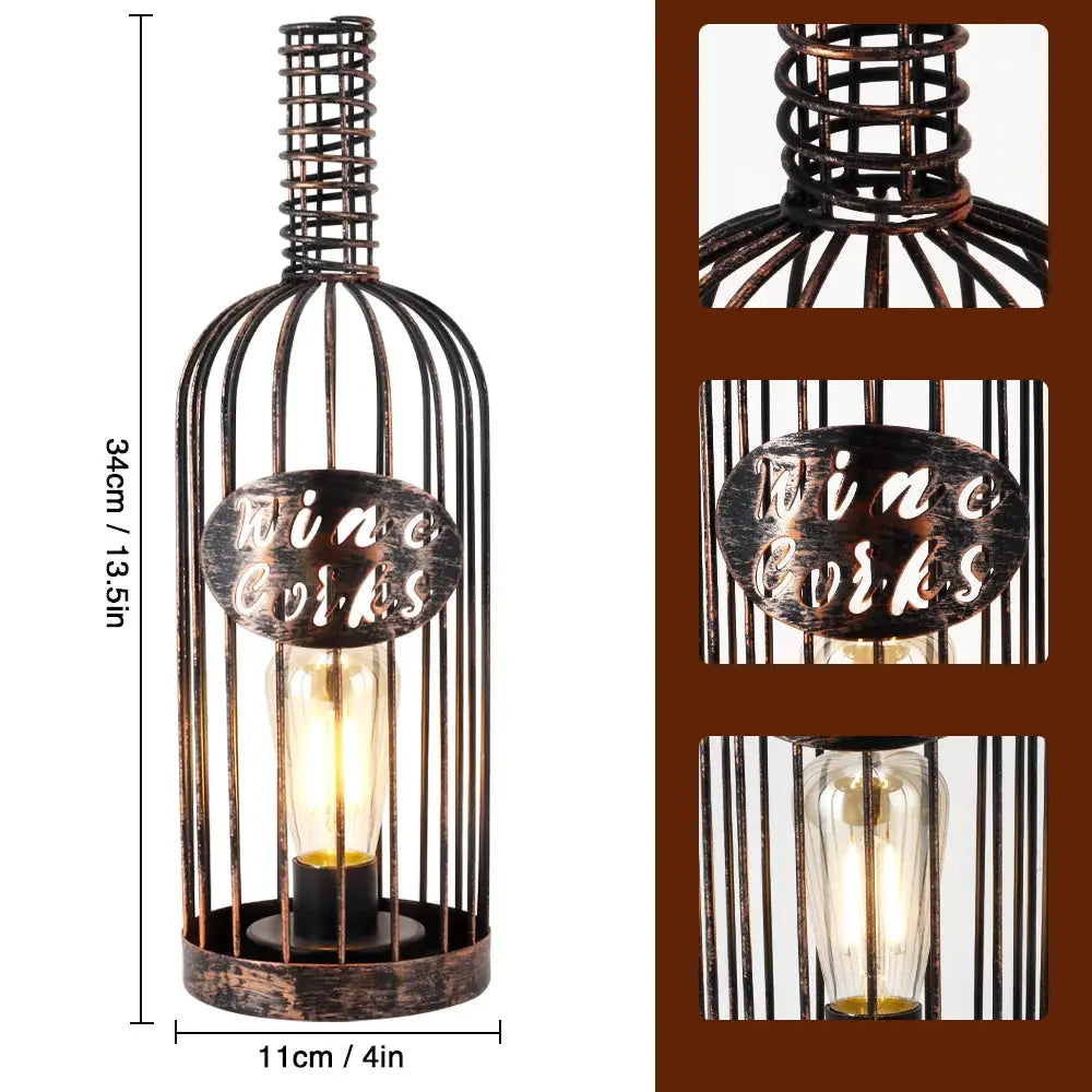 Cordless Metal Wine Cork Holder Lamp in antique bronze finish with a cage-style holder.
