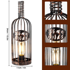Cordless Metal Wine Cork Holder Lamp in antique bronze finish with a cage-style holder.