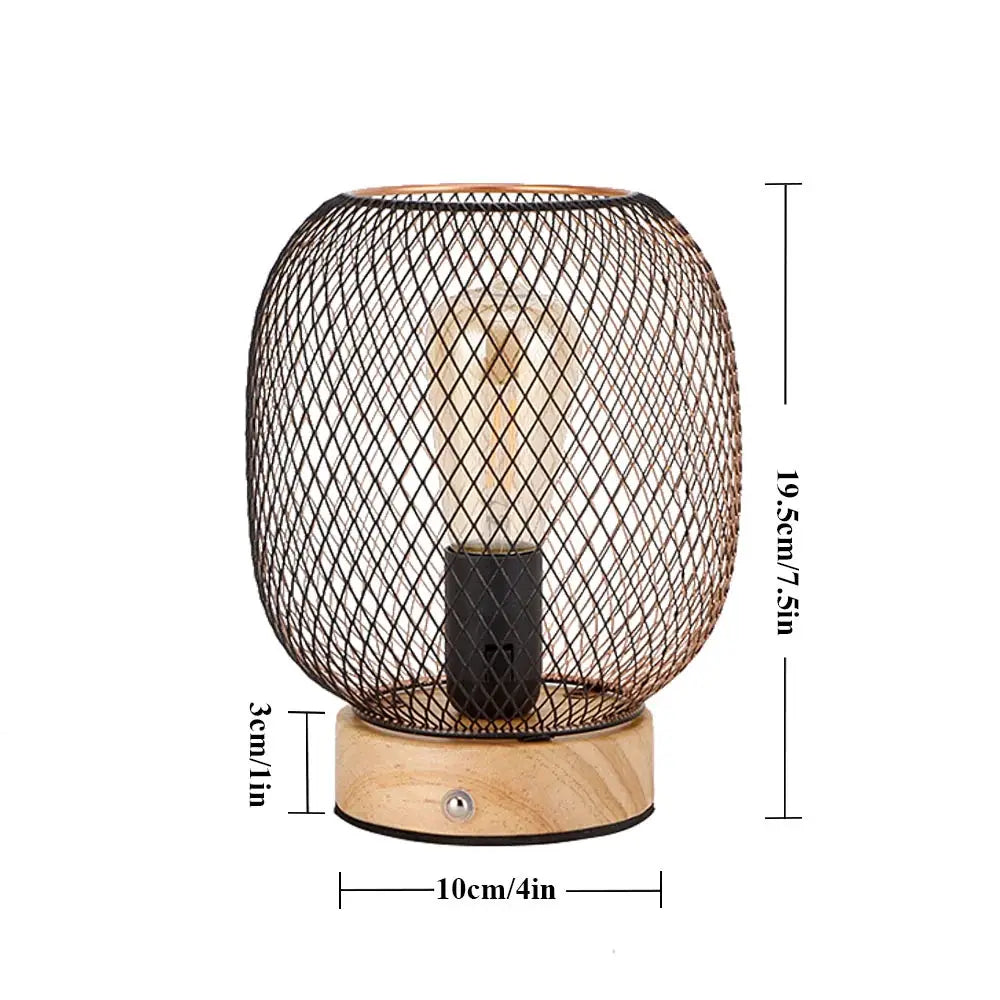 7.5in touch-adjustable table lamp; battery-operated with wooden base and bronze wire cage by JHY DESIGN
