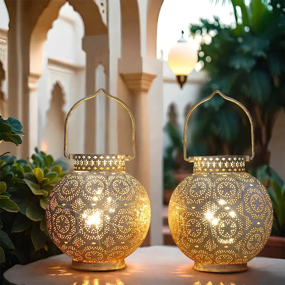 Set of 2 7-inch Moroccan lantern lamps, battery-operated, gold-tone perforated metal with warm glow