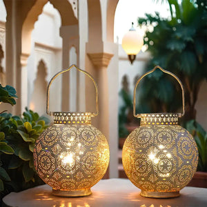 Set of 2 7-inch Moroccan lantern lamps, battery-operated, gold-tone perforated metal with warm glow