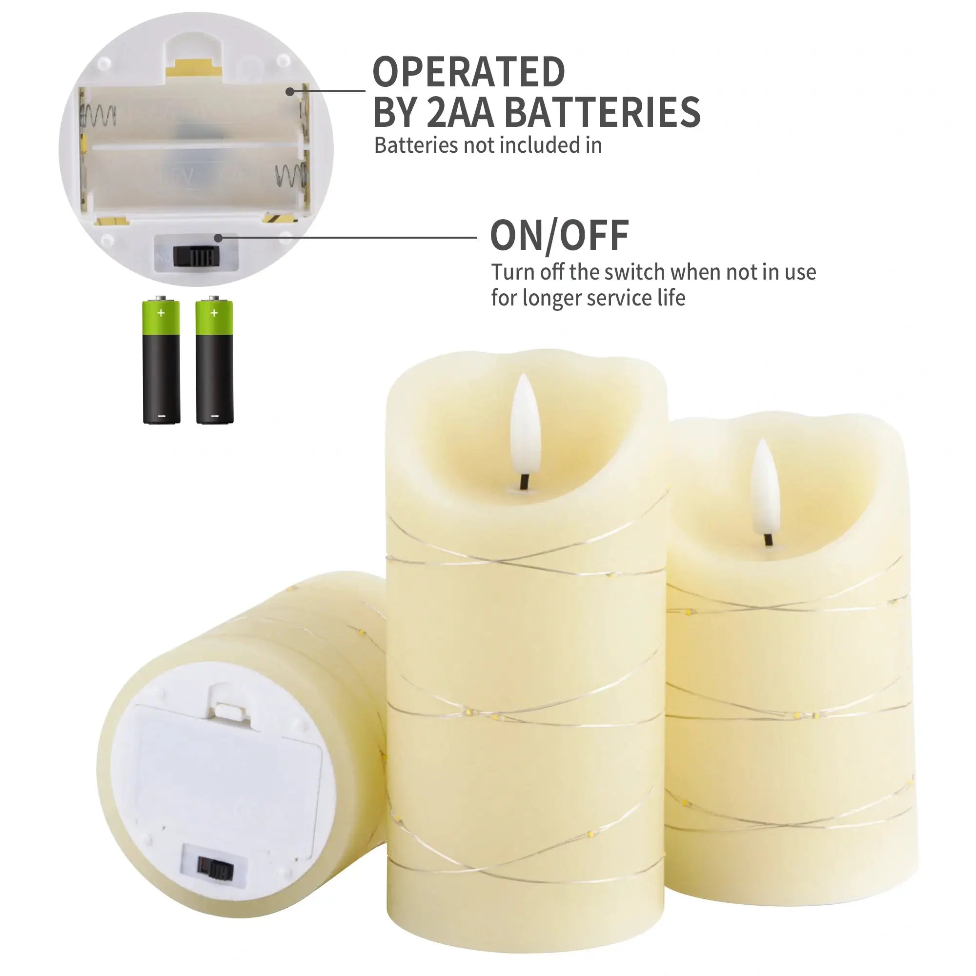 Set of 3 flickering flameless real-wax LED candles in ivory with on/off switch
