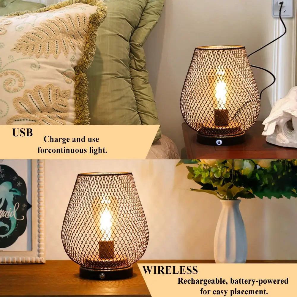 Table lamp with bronze egg-shaped metal mesh cage on a black base; touch-controlled, wireless battery-powered.
