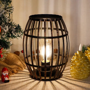 8-inch cordless metal wine barrel lamp in black brushed gold finish, battery operated