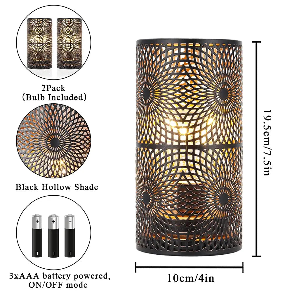 Set of 2 black metal table lamps with lattice-patterned shade, battery powered by 3 AAA, bulbs included, by JHY DESIGN