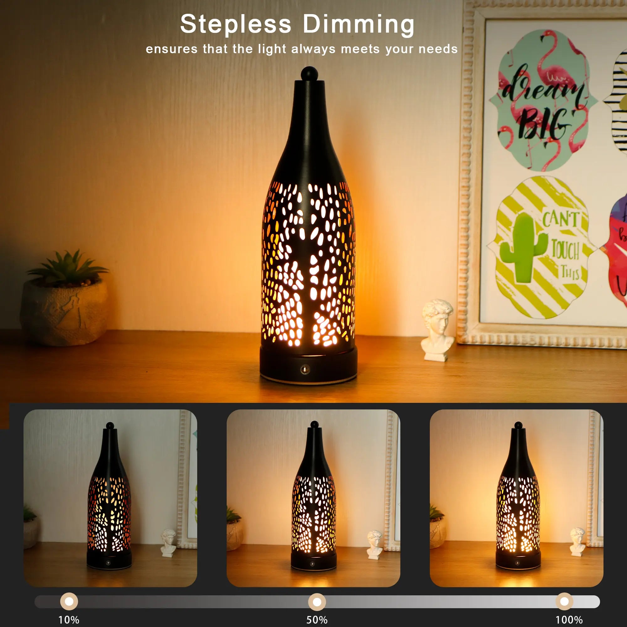 Cordless Table Lamp by JHY DESIGN, black perforated metal shade, 4000mAh rechargeable battery.