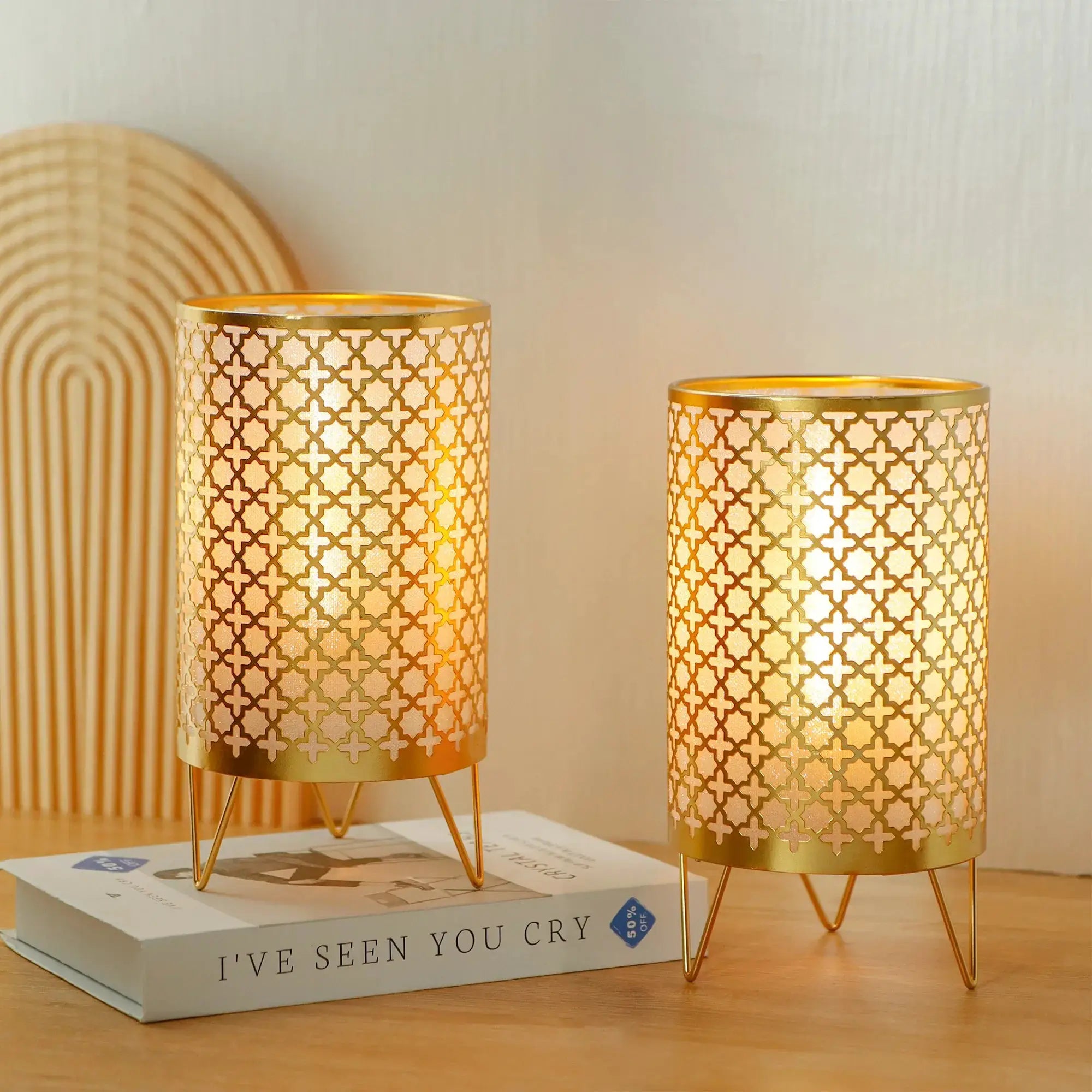 Set of 2 9-inch gold battery-operated lamps with geometric lattice pattern, table lamps by JHY DESIGN.