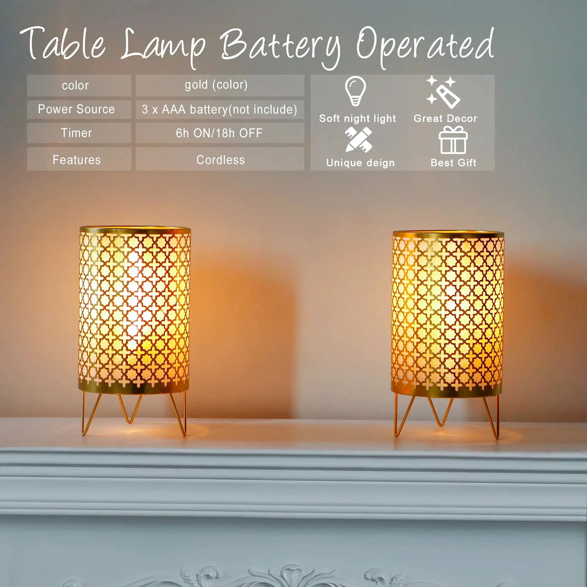 Set of 2 gold battery-operated table lamps by JHY DESIGN with lattice-pattern shades on tripod bases.