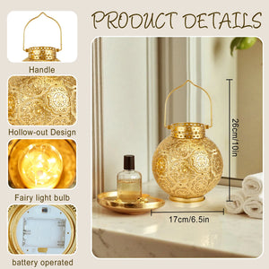 Set of 2 Moroccan-style gold metal table lamps, battery-operated, by JHY DESIGN