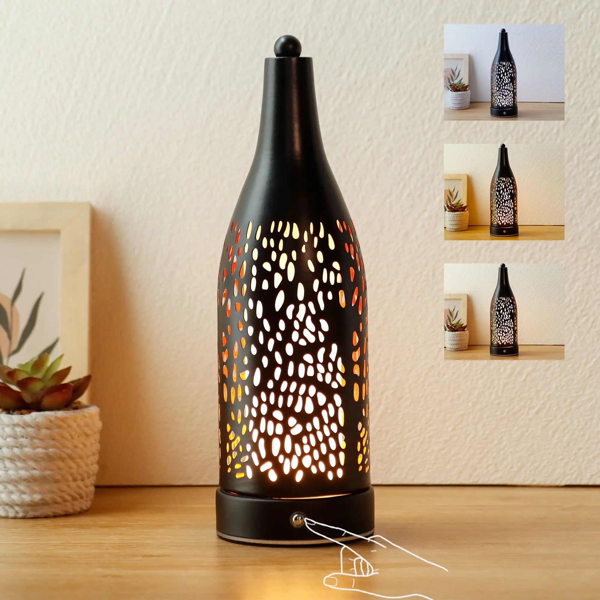 Cordless table lamp with black perforated metal body and warm glow, 4000mAh rechargeable battery