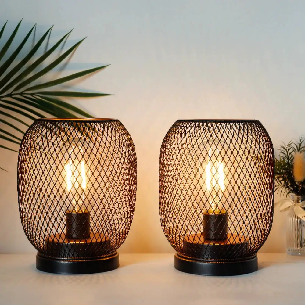 Set of 2 tall battery-powered outdoor table lamps by JHY DESIGN, black wire-mesh cages with warm Edison bulbs