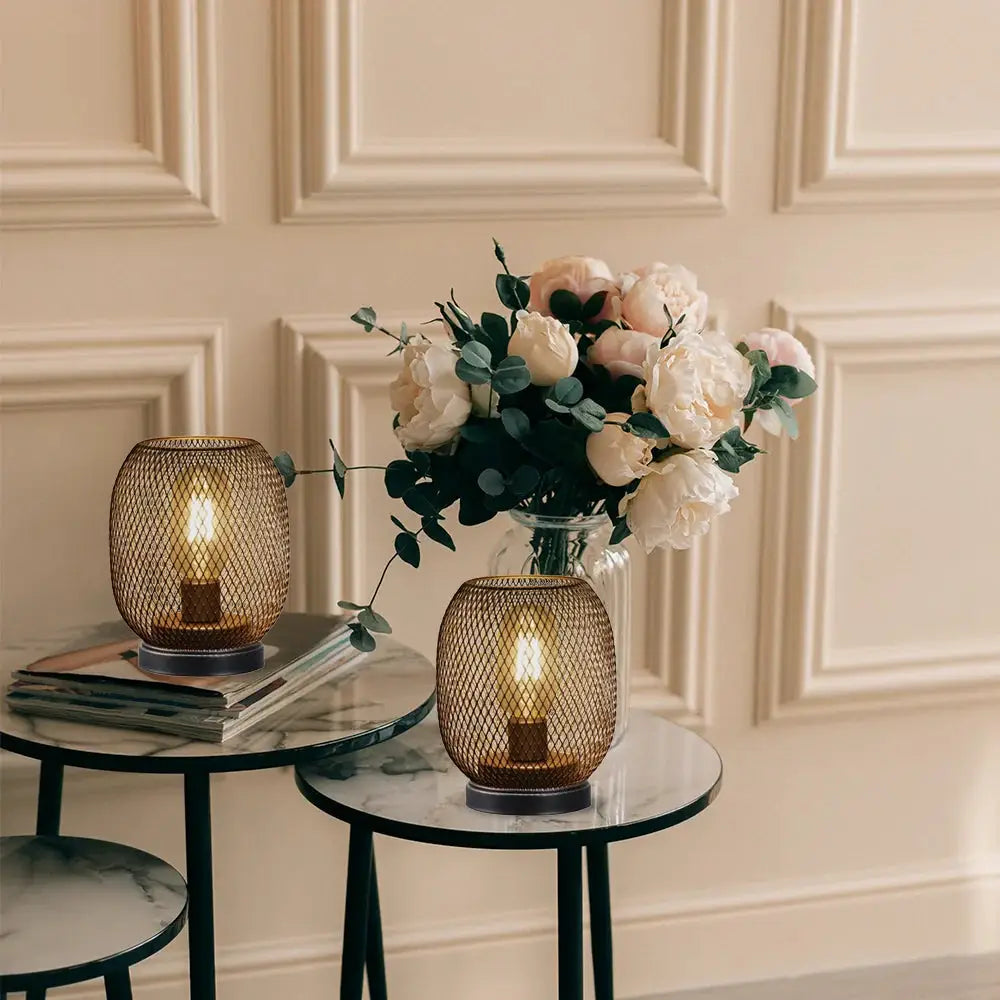 Set of 2 JHY DESIGN battery-powered outdoor table lamps with brown mesh lanterns emitting warm light.