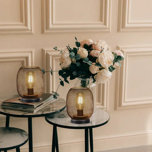 Set of 2 JHY DESIGN battery-powered outdoor table lamps with brown mesh lanterns emitting warm light.