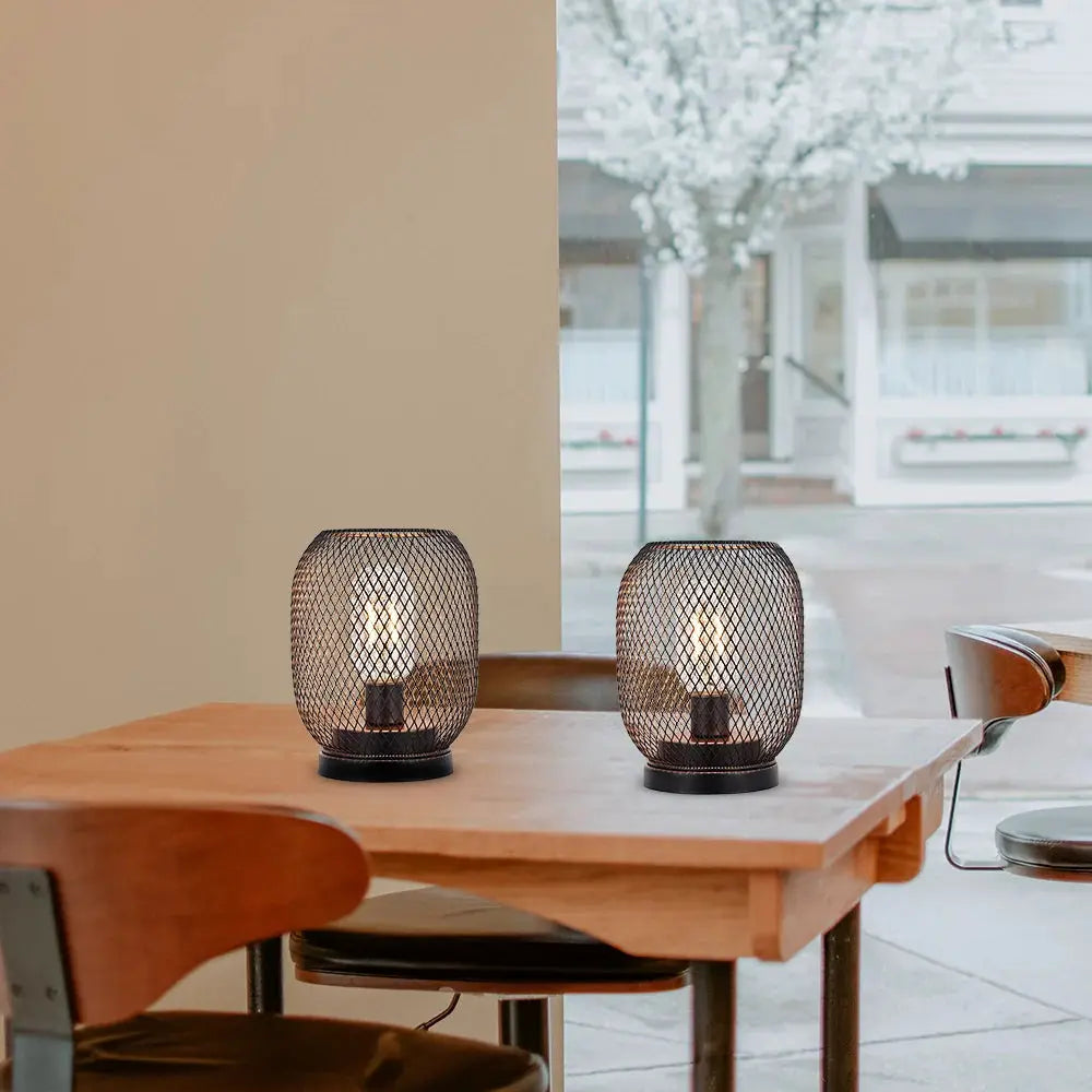 Set of 2 tall battery-powered outdoor table lamps with black metal mesh by JHY DESIGN
