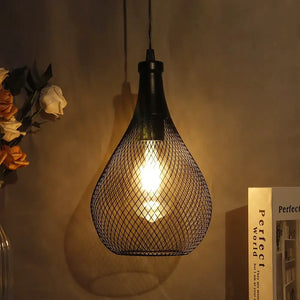 Battery Operated Hanging Lamp; black metal wire-mesh pendant light, by JHY DESIGN.