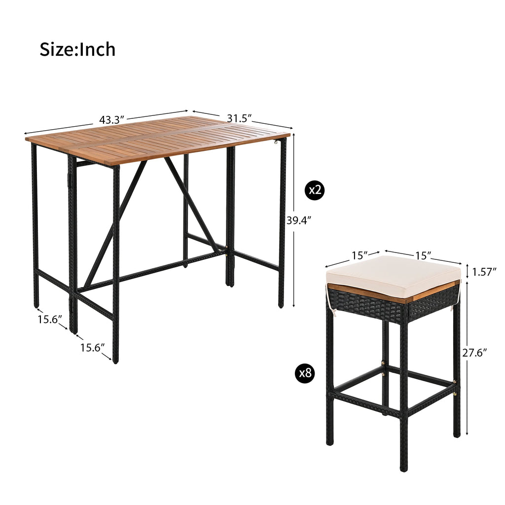 GO 10-Piece Outdoor Acacia Wood Bar Height Table And Eight Stools With Cushions, Garden PE Rattan Wicker Dining Table, Foldable Tabletop, High-Dining Bistro Set, All-Weather Patio Furniture, Brown