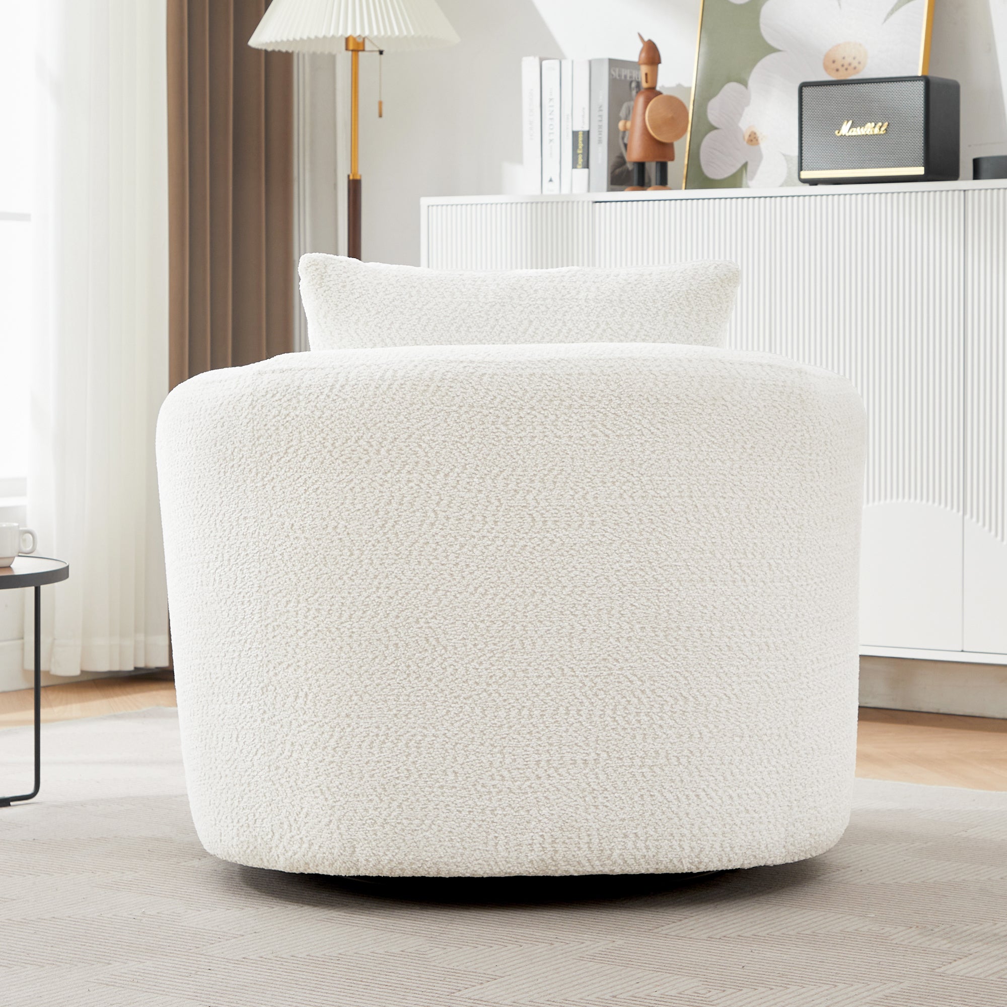 360° Swivel Barrel Sofa Chair with Throw Pillow, Chenille Upholstered Accent Chair, Beige, 38.2'