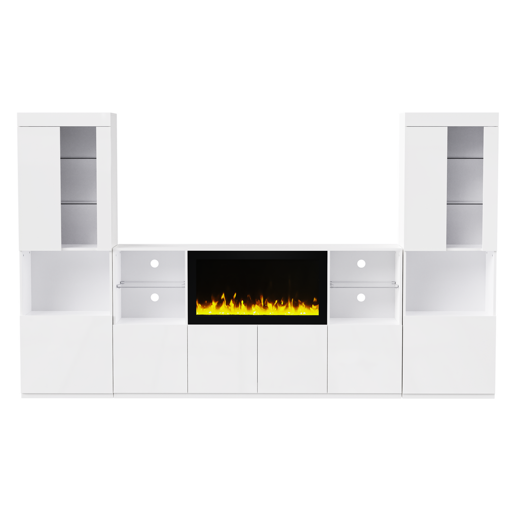 ON-TREND Modern TV Stand with 34.2' Non-heating Electric Fireplace, High Gloss Entertainment Center with LED Lights, Media Console with Tempered Glass Shelves for TVs up to 75', White