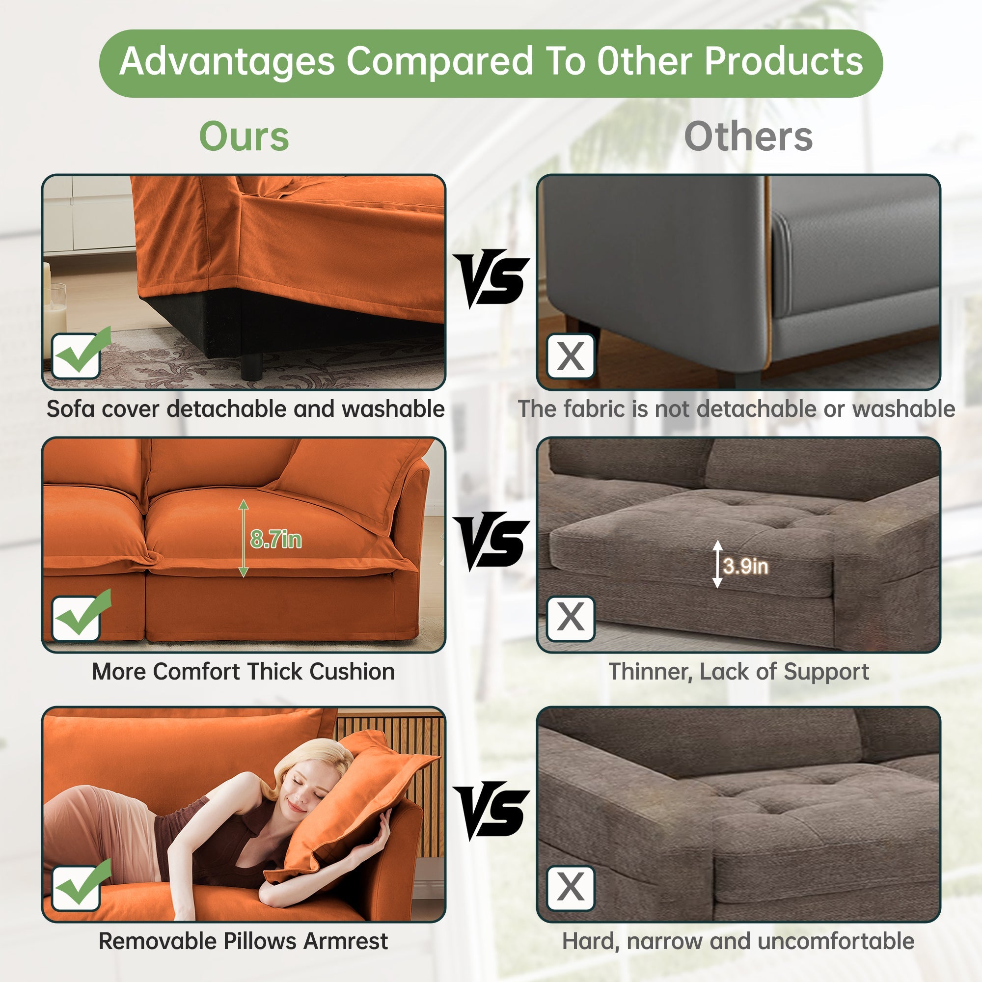 Slipcovered Sofa Couch, Modern 3 Seater Sofa with Suppleness Armrests, Chenille Fleece Deep Seat Sofa with Soft Multiple Big Pillows, Comfy Couch for Living Room, Apartment,Chenille Fabric, Orange