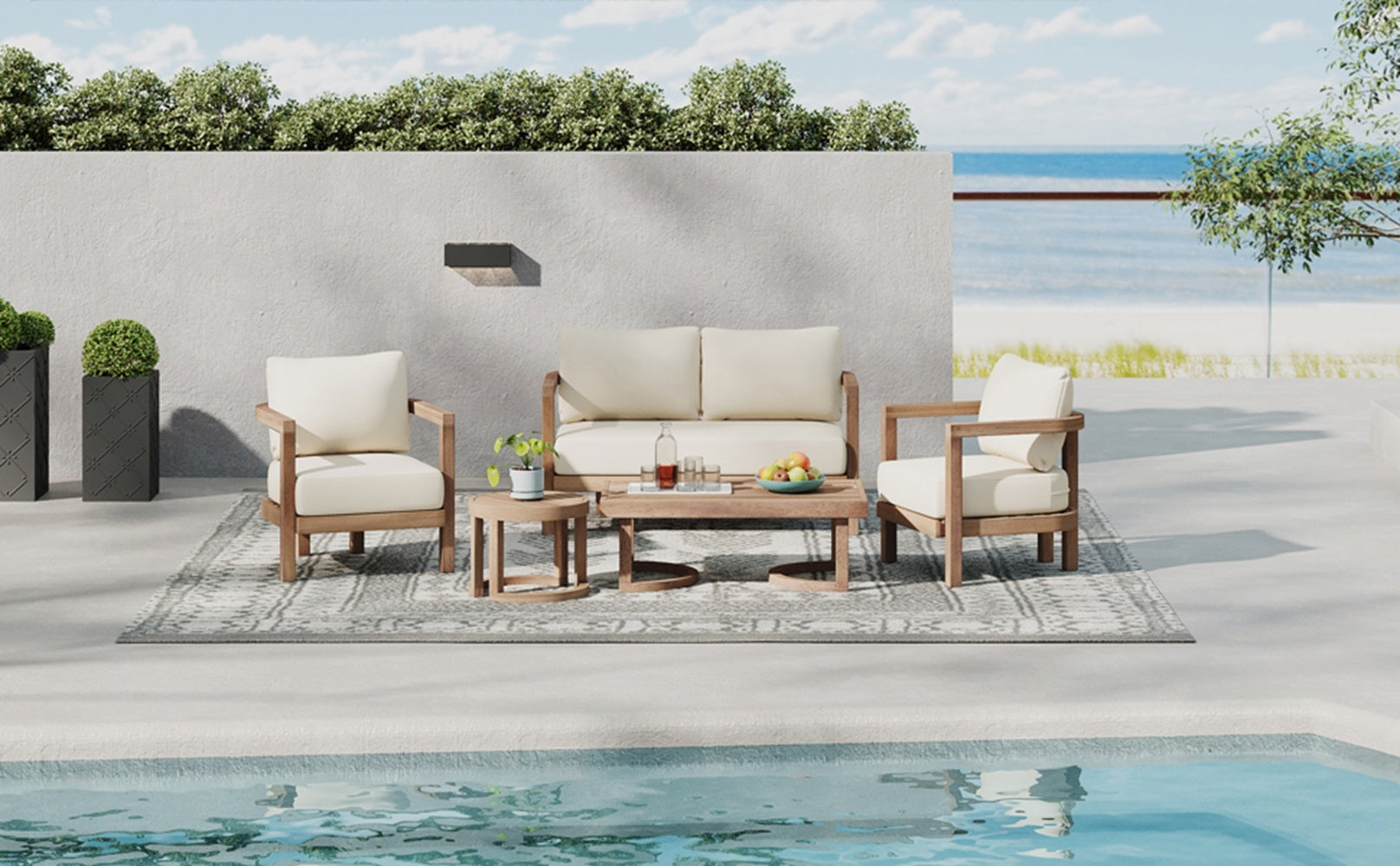 5-Pieces Acacia Wood Patio Furniture Set, Outdoor Furniture with Coffee Table, Patio Conversation Set Deep Seating with Soft Cushion, Porch Chairs for Garden, Backyard Porch Balcony, Brown wash, Beige