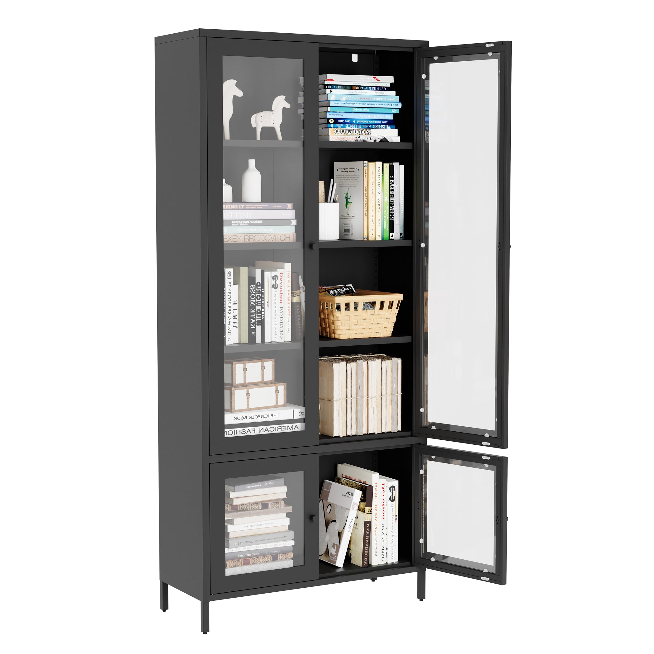 Large Metal Storage Cabinet Display Cabinet with 4 Glass Doors 5 Shelves Side Cabinet Bookcase Freestanding Cabinet for Bedroom Living Room Pantry Home Office - Black, Reinforced Tempered Glass