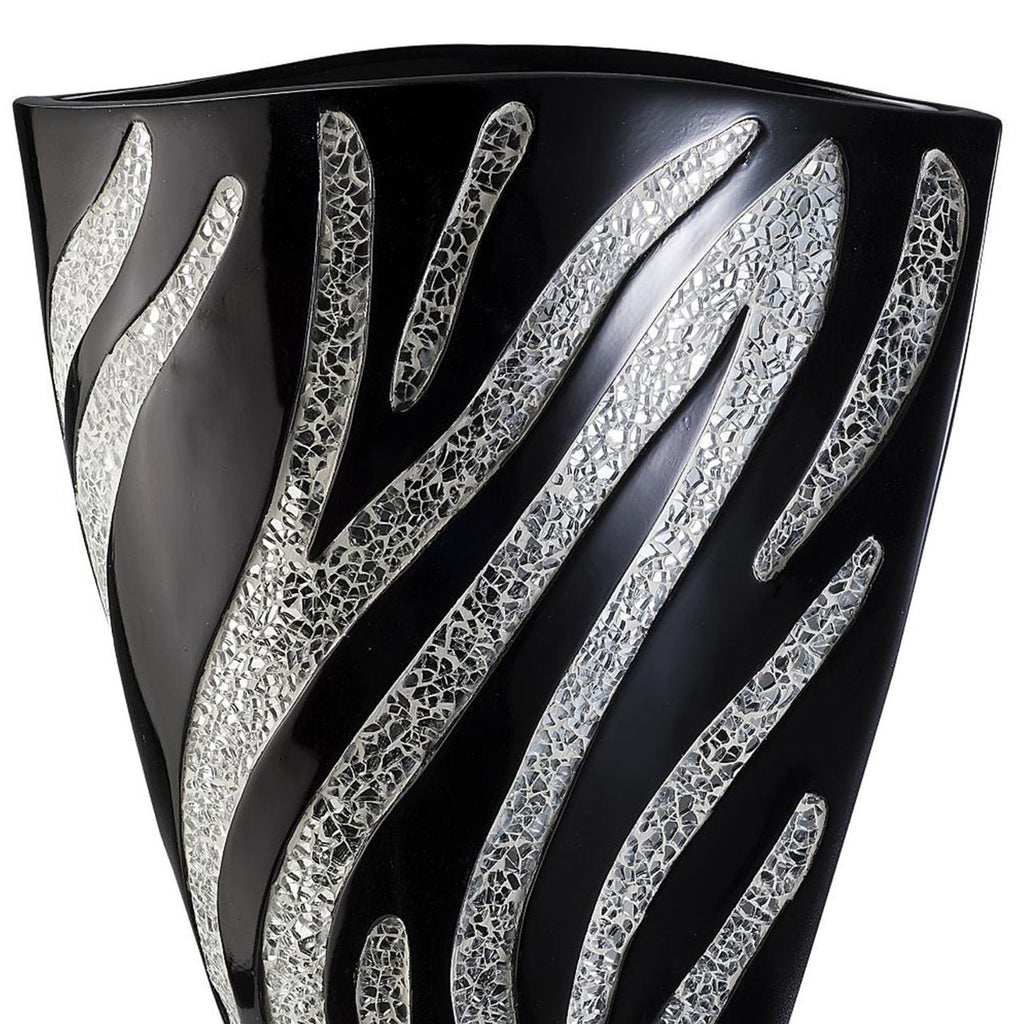 14" Tall Polyresin Decorative Vase, Black finish with Silver Zebra Pattern