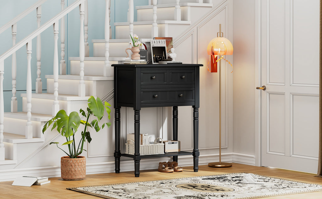 TREXM Narrow Console Table, Slim Sofa Table with Three Storage Drawers and Bottom Shelf (Black)