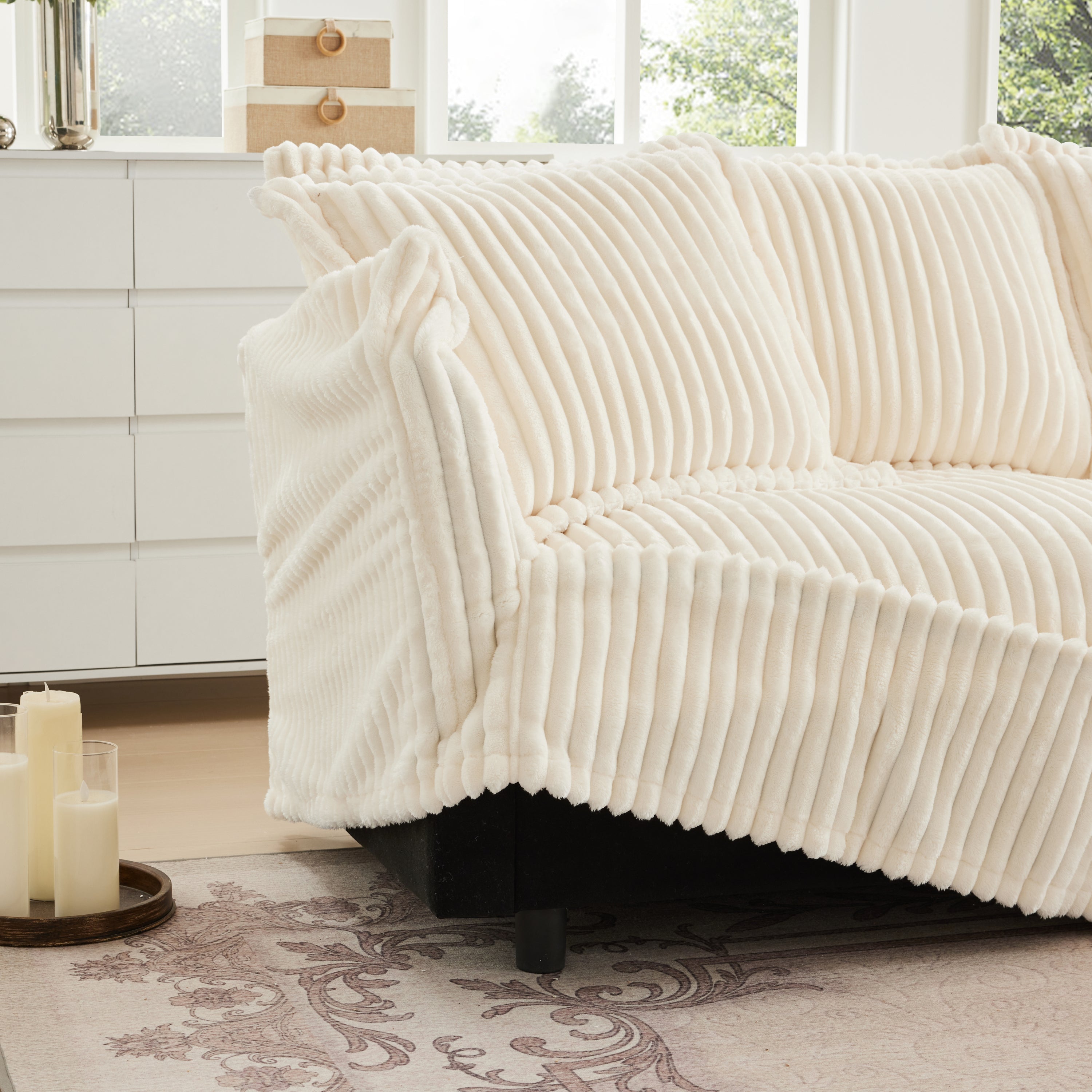 Slipcovered Sofa 2 Seater Sofa    With 2 Ottomans, 2 Seater Sleeper Sofa Bed Home Theater Oversized Sofa For Living Room, Corduroy, Cream